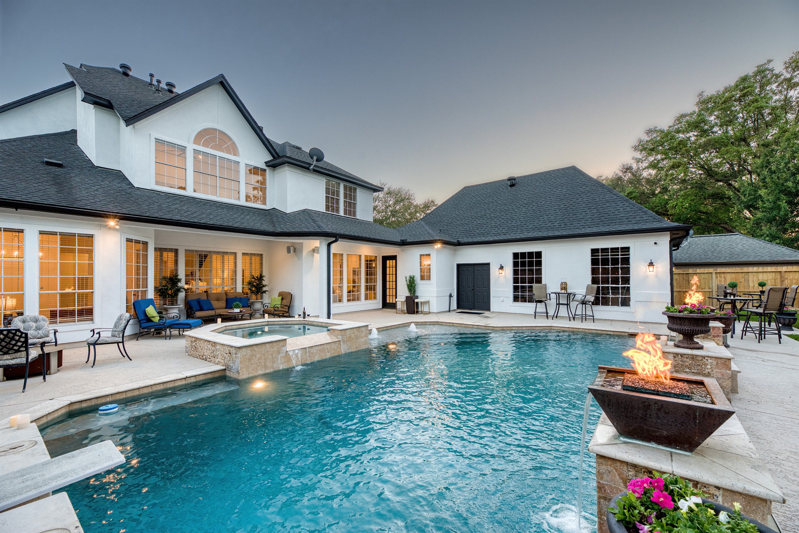 Luxury Green Trails backyard at twilight